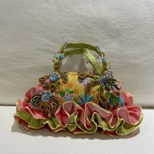 Mary Frances Vintage Handbag Purse Clutch Ruffles Beaded Pink Green Yellow